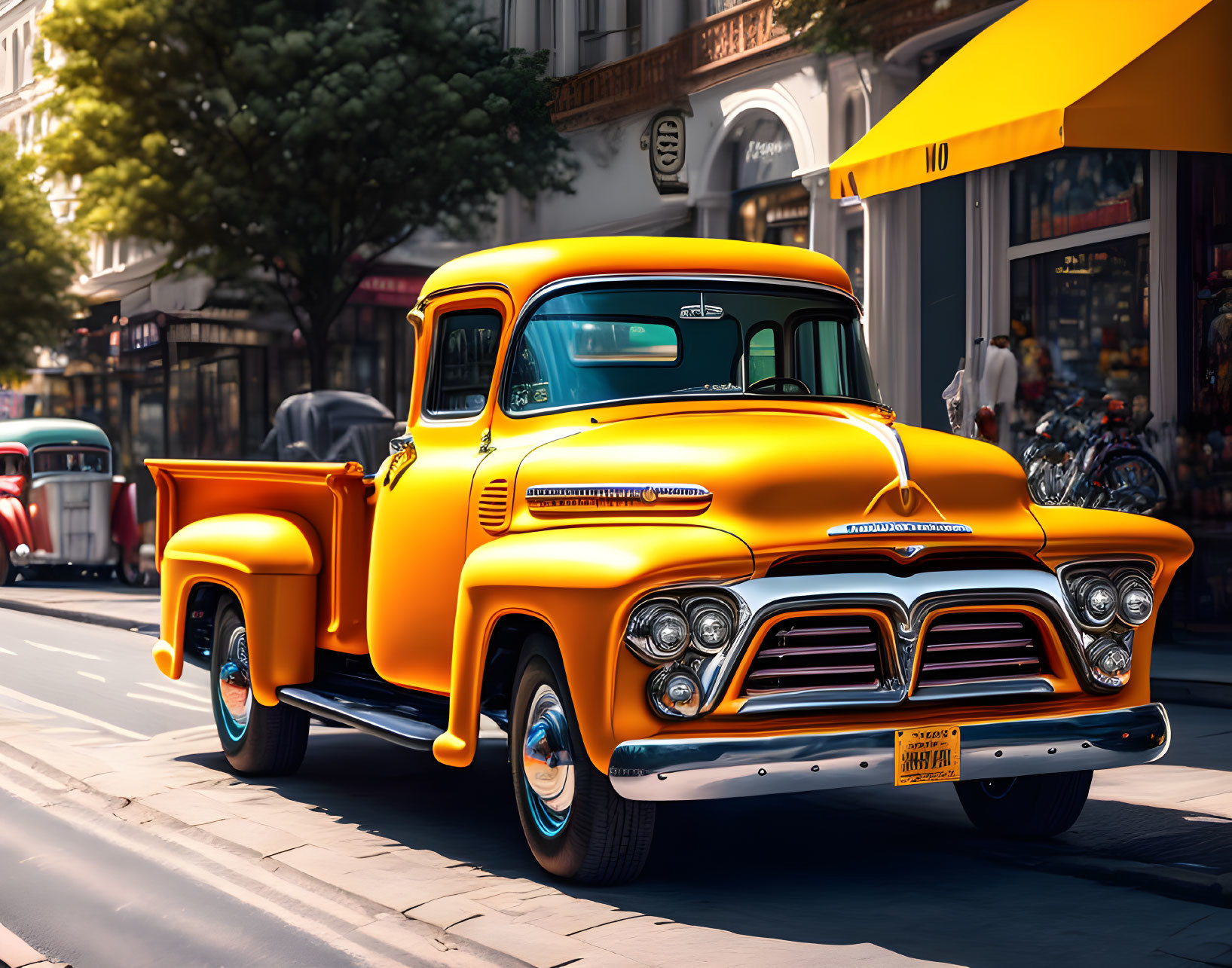 Vintage yellow pickup truck on city street with classic cars and tree-lined sidewalk