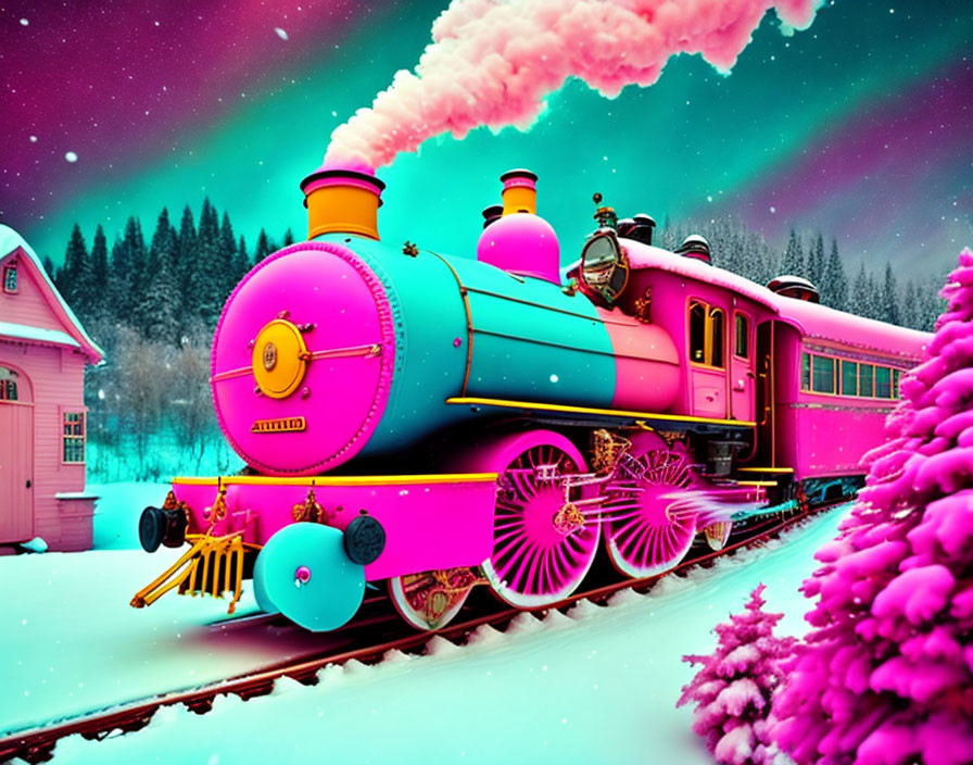 Colorful steam train in snowy landscape with pink trees and starry sky