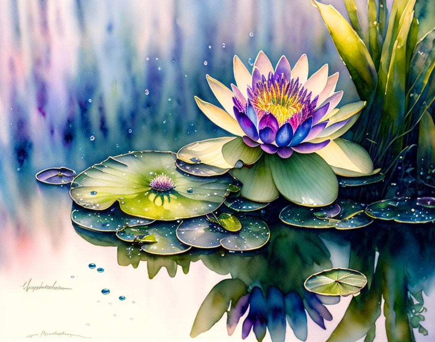 Colorful Water Lily Painting with Dewdrops on Lily Pads