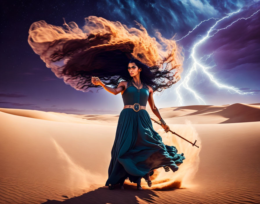 Woman in teal dress with flowing hair holds staff in desert lightning storm.