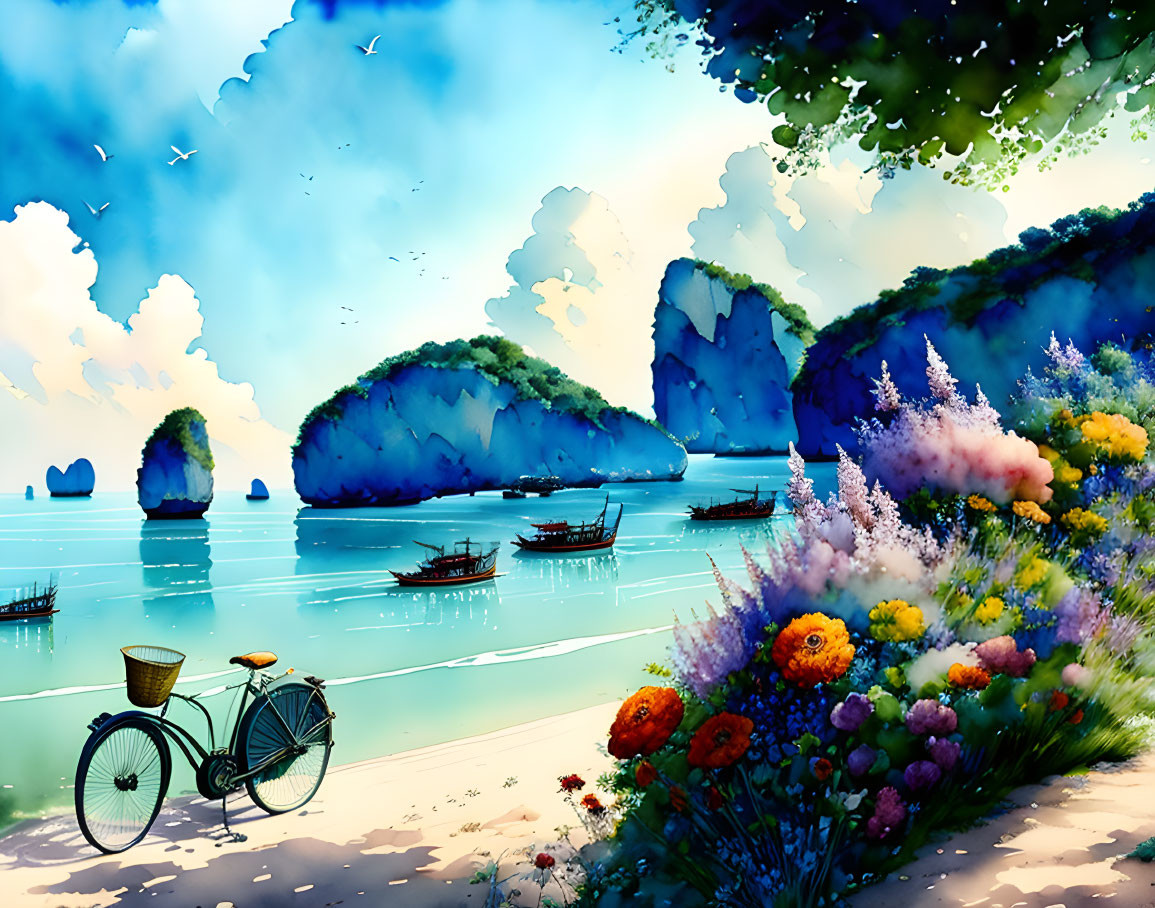 Vibrant seaside digital painting with boats, flowers, bicycle, and birds