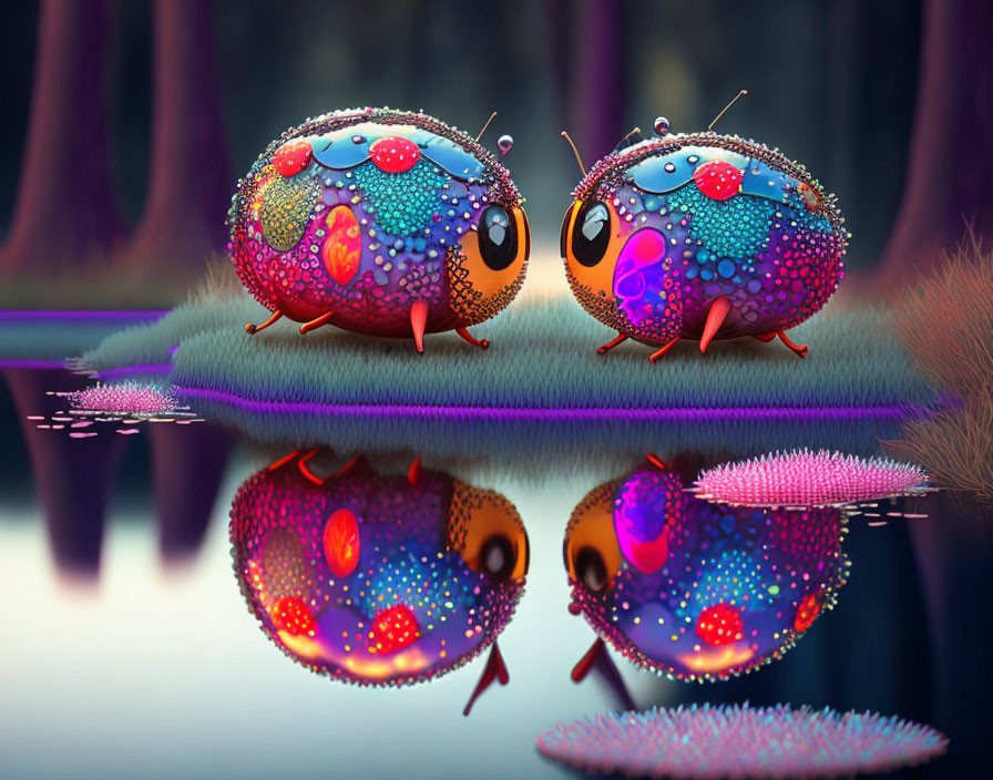 Colorful whimsical ladybug-like creatures in magical forest beside water