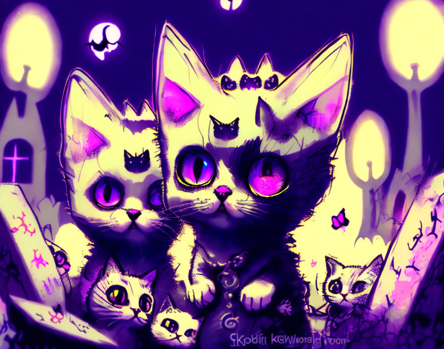 Stylized digital illustration of large-eyed cats in eerie setting