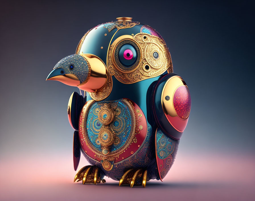 Colorful Steampunk-Style Bird with Blue, Gold, and Pink Mechanical Details