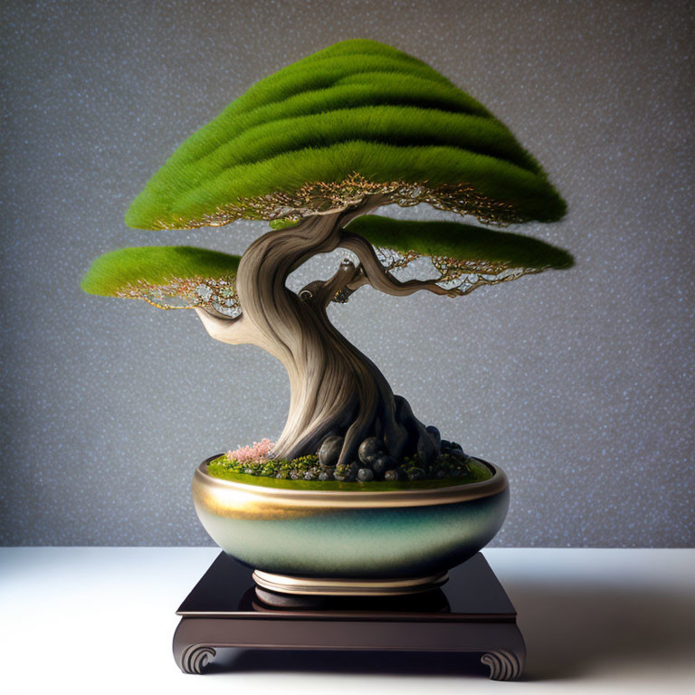 Sculpted bonsai tree with lush green canopy in round pot on wooden stand