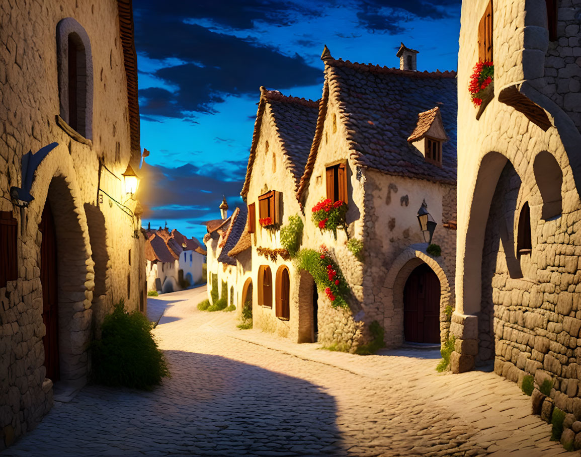 Traditional village street with cobblestones and red flowers at twilight