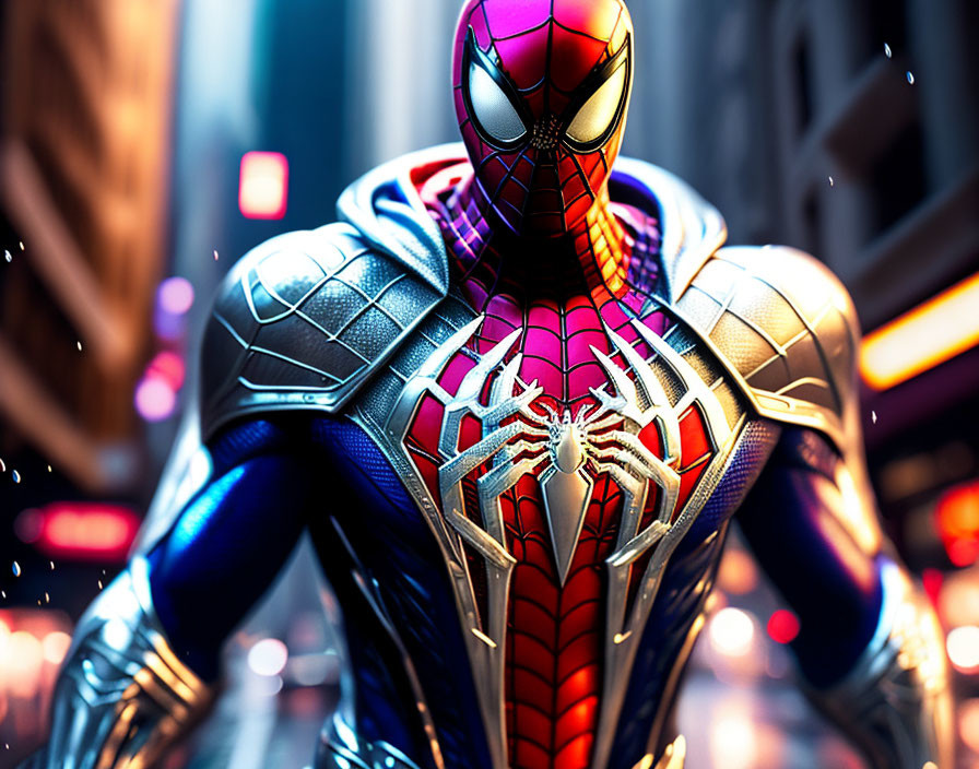 Detailed Spider-Man Suit Close-Up with City Lights Background