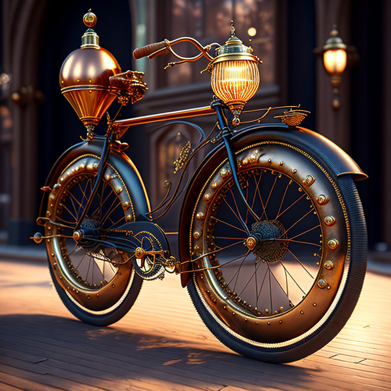 Vintage-style Bicycle with Ornate Details and Large Headlamp on Cobblestone Street