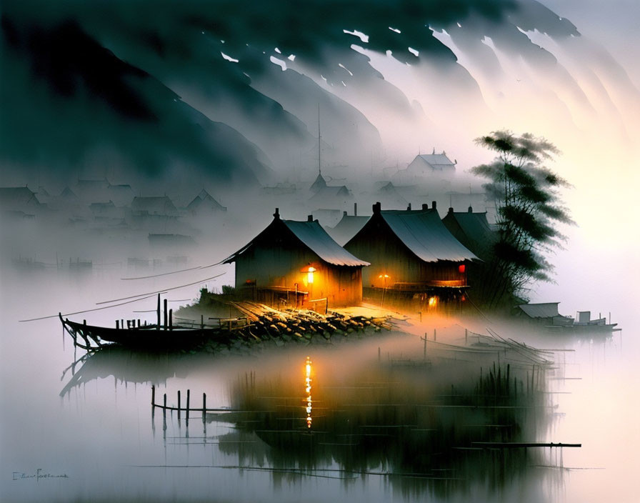 Misty lakeside village painting at twilight