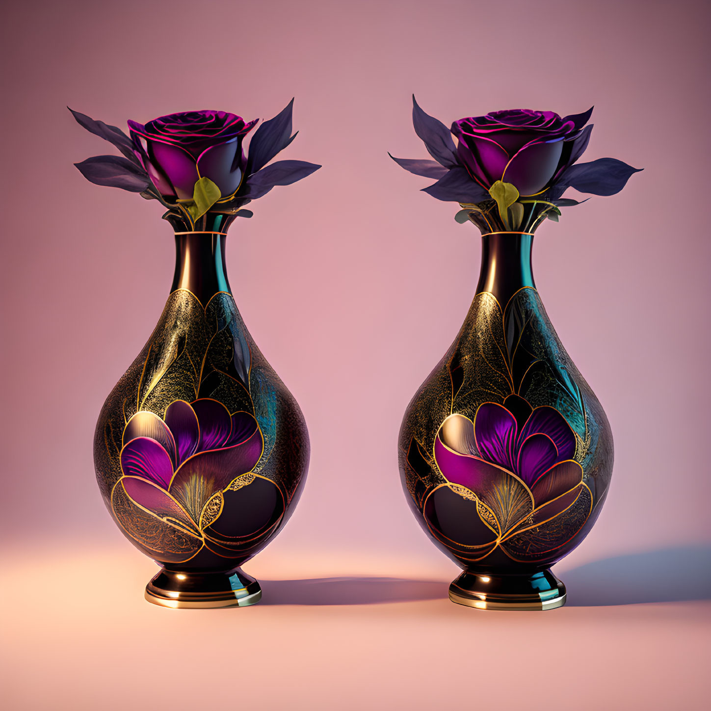 Dark vases with gold floral patterns holding deep purple roses on pink background