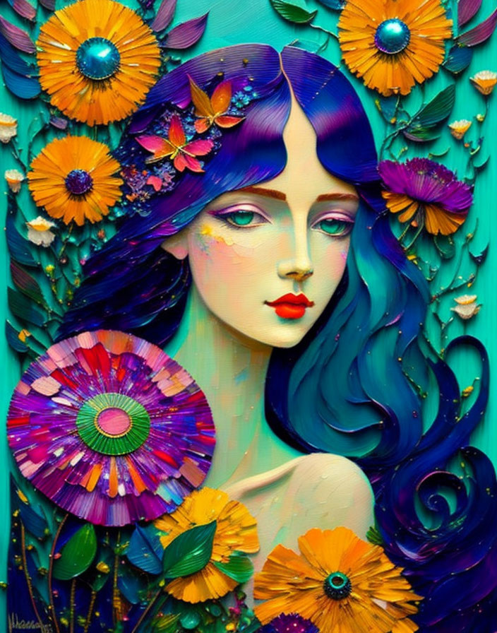 Colorful portrait of woman with blue hair and floral adornments on teal background.