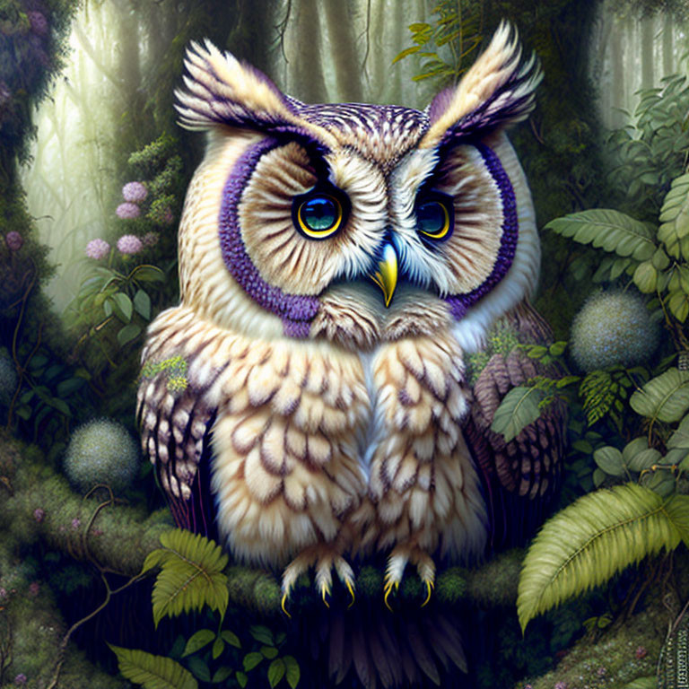 Colorful Stylized Owl Illustration in Enchanted Forest