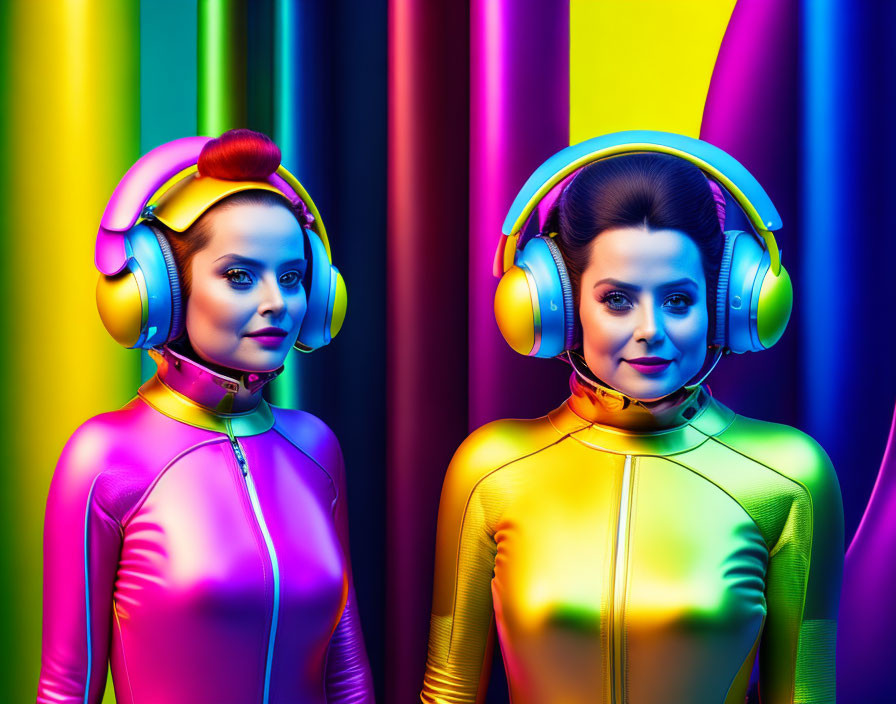 Colorful Bodysuit Women with Headphones on Rainbow Background