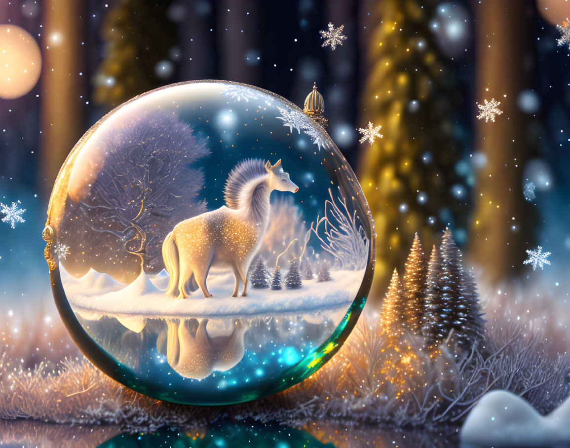 Majestic unicorn in snow globe in wintry forest