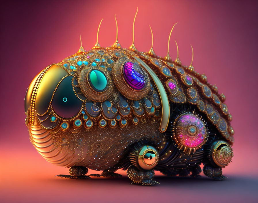 Fantastical digitally rendered creature with swirling eyes and golden spikes on warm gradient background