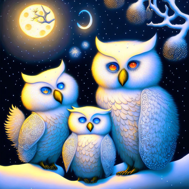 Whimsical owls under starry night sky with moon and witch silhouette