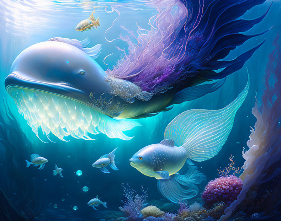 Colorful underwater scene with glowing dolphin and marine life