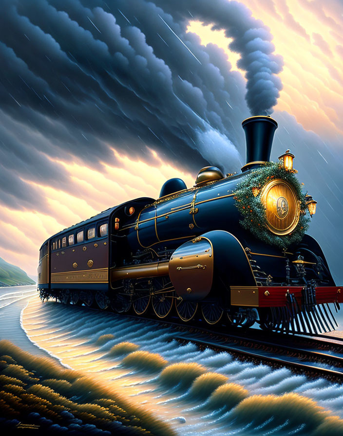 Vintage Steam Locomotive on Tracks Under Dramatic Clouds with Water Reflections