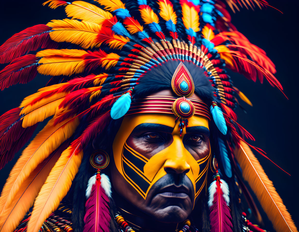 Colorful Native American headdress with vibrant feathers and striking face paint