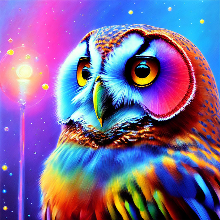 Colorful Owl Illustration with Red Eyes in Cosmic Setting