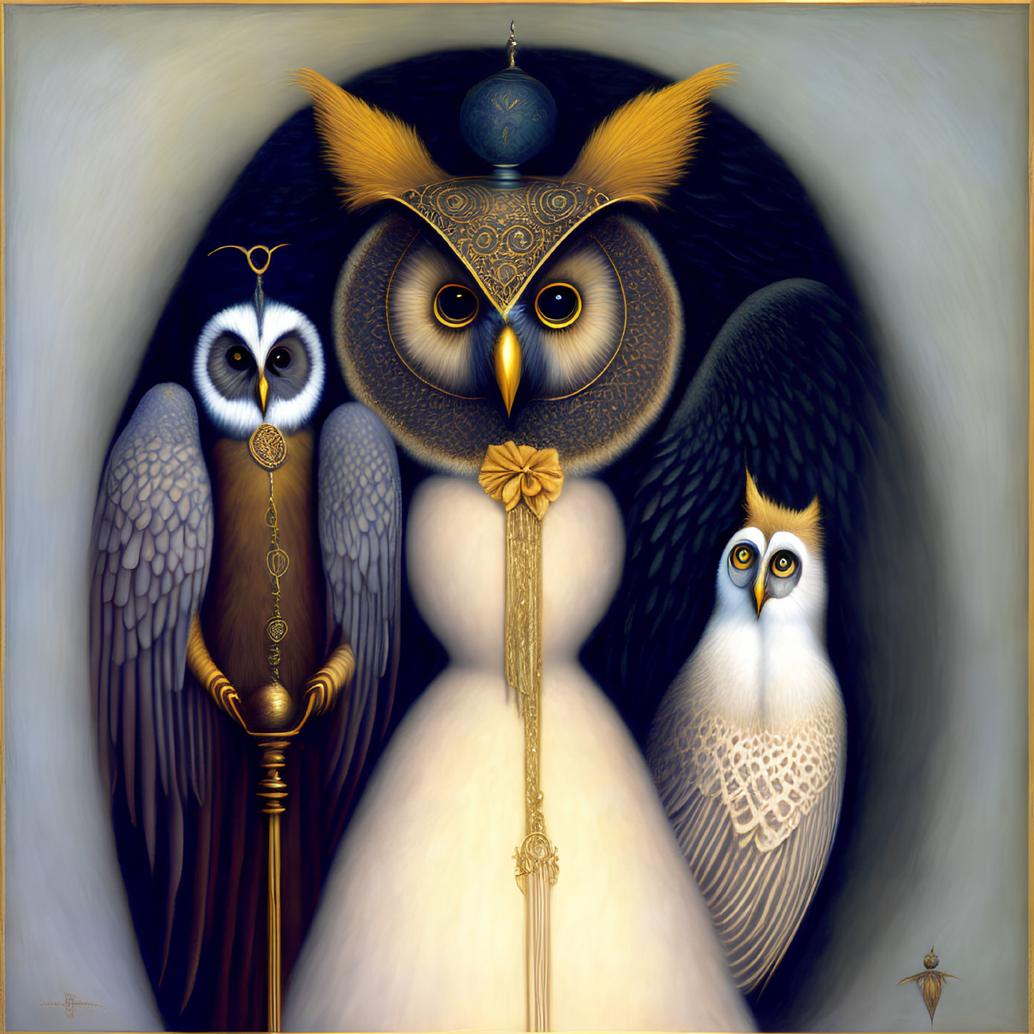 Anthropomorphic owl trio with expressive eyes and unique attire