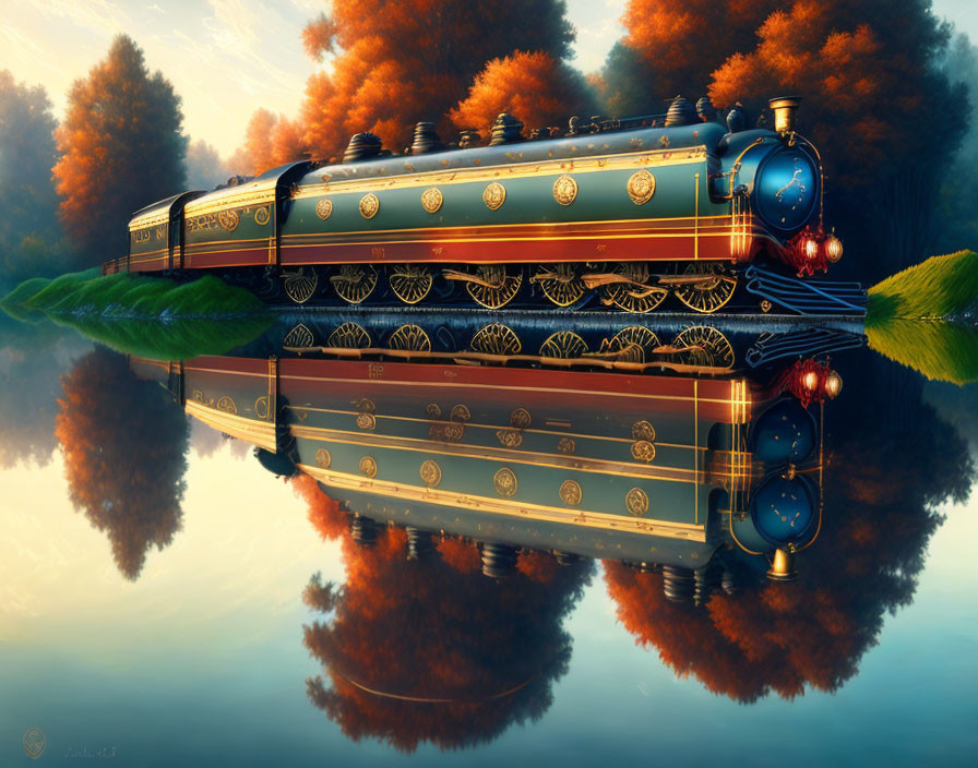 Steampunk-style ornate train over calm waters in autumn forest scene