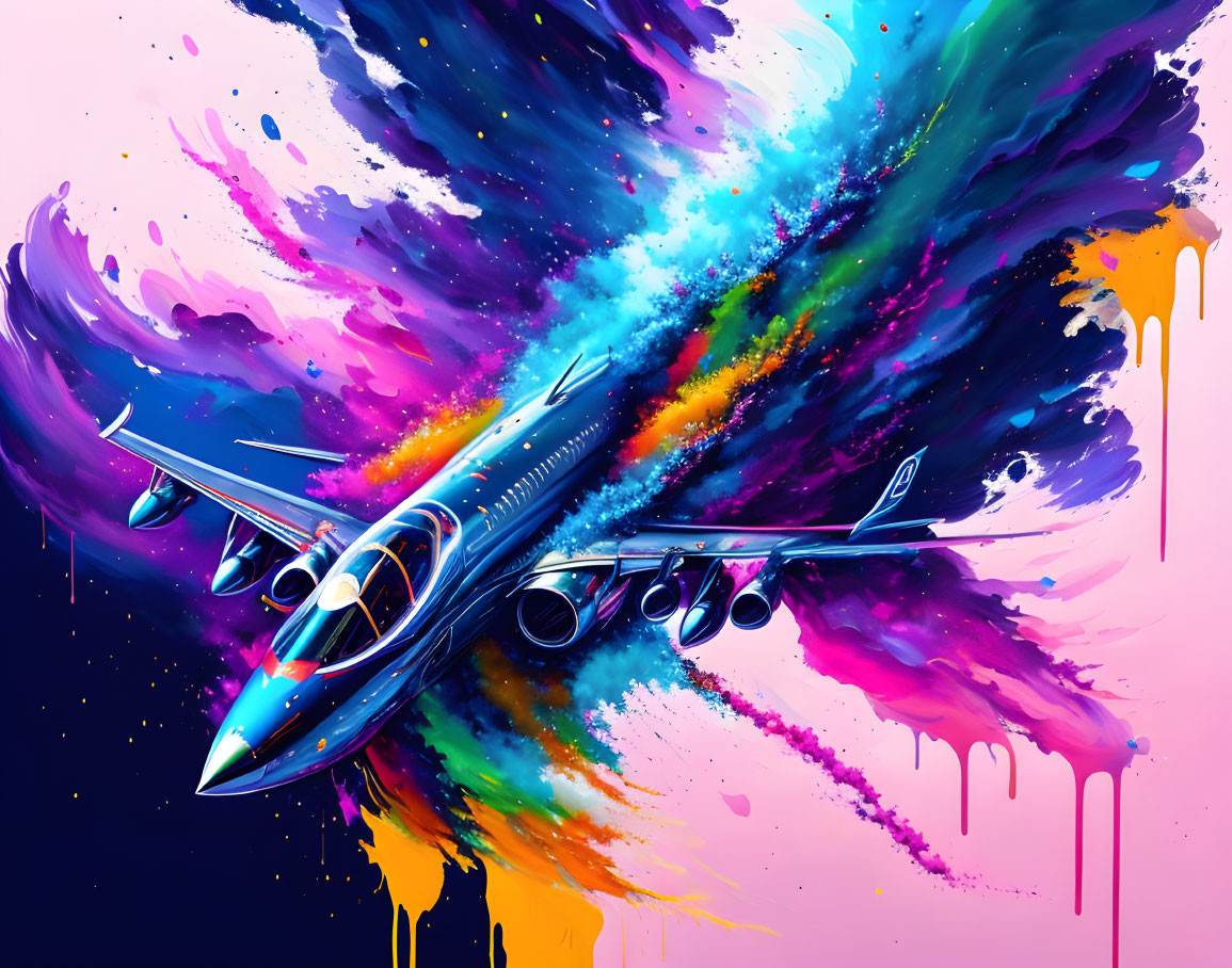 Colorful digital artwork: Airplane soaring through vibrant, explosive backdrop.