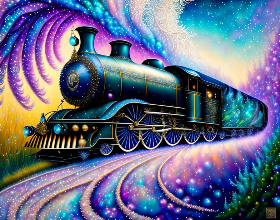 Colorful steam locomotive on cosmic background with swirling patterns.