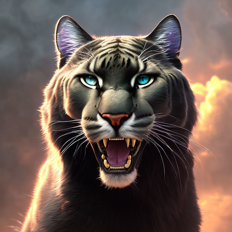 Detailed digital artwork: Roaring black panther with blue eyes on stormy sky.