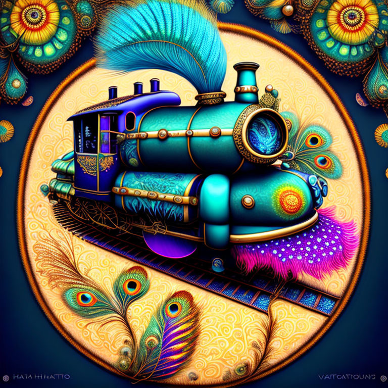 Colorful steampunk-style peacock train illustration on dark background