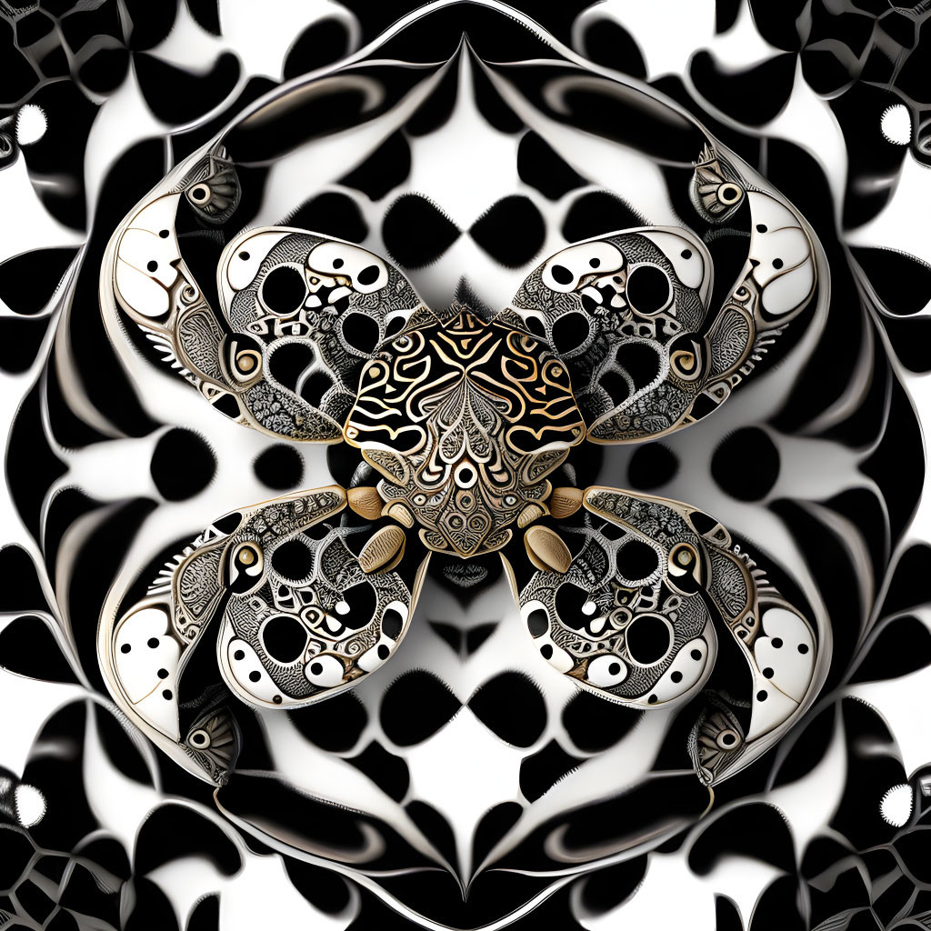 Detailed black and white crab mandala design with golden accents