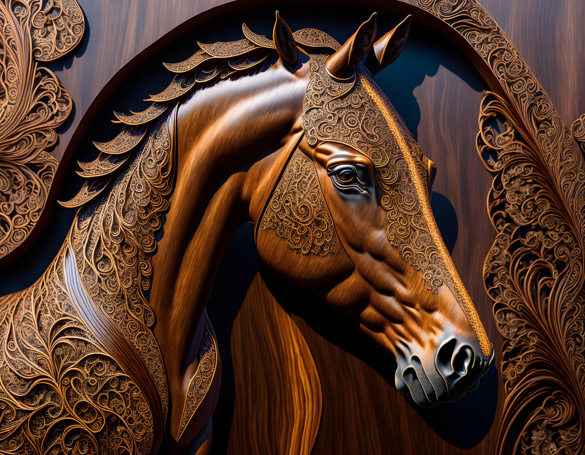 Intricate Wooden Horse Head Carving with Floral Patterns