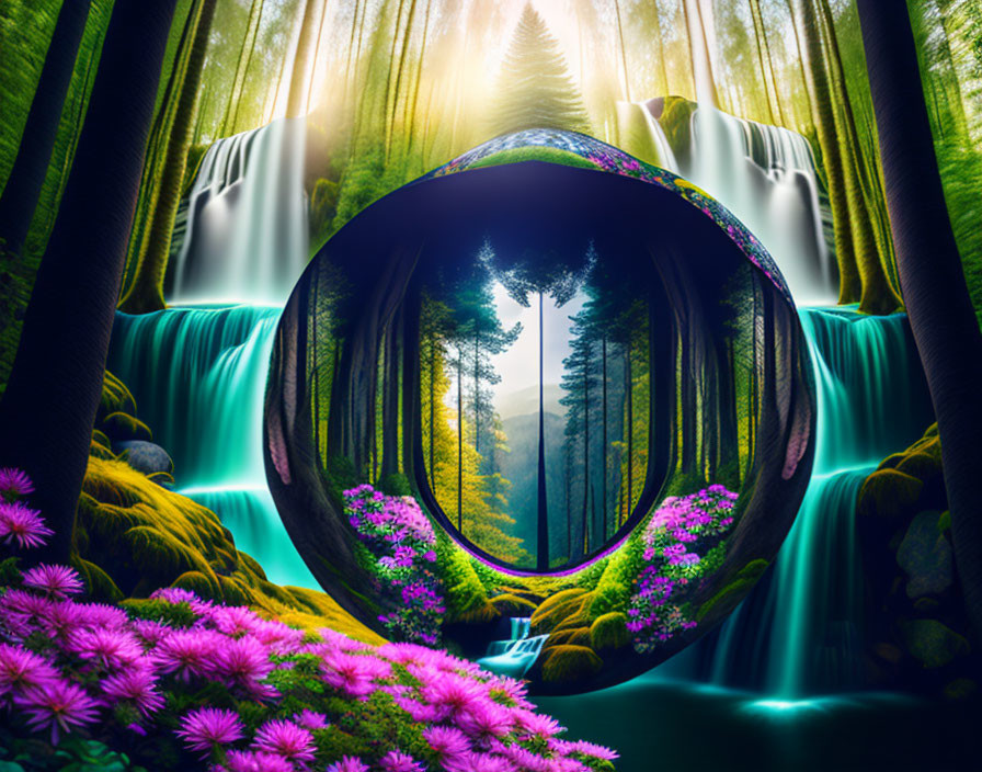 Circular Waterfall Gateway Leading to Lush Forest with Purple Flowers