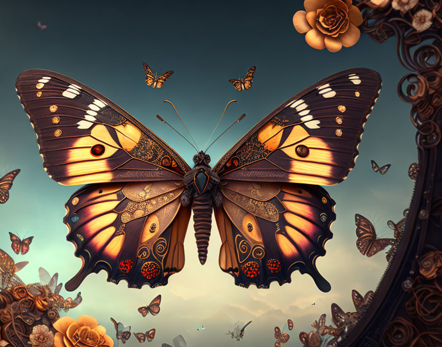 Colorful Butterfly with Intricate Patterns Amid Whimsical Background