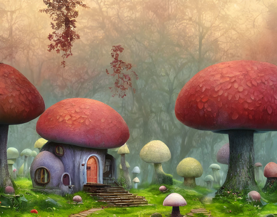 Enchanting forest with oversized mushroom houses and mystical fog