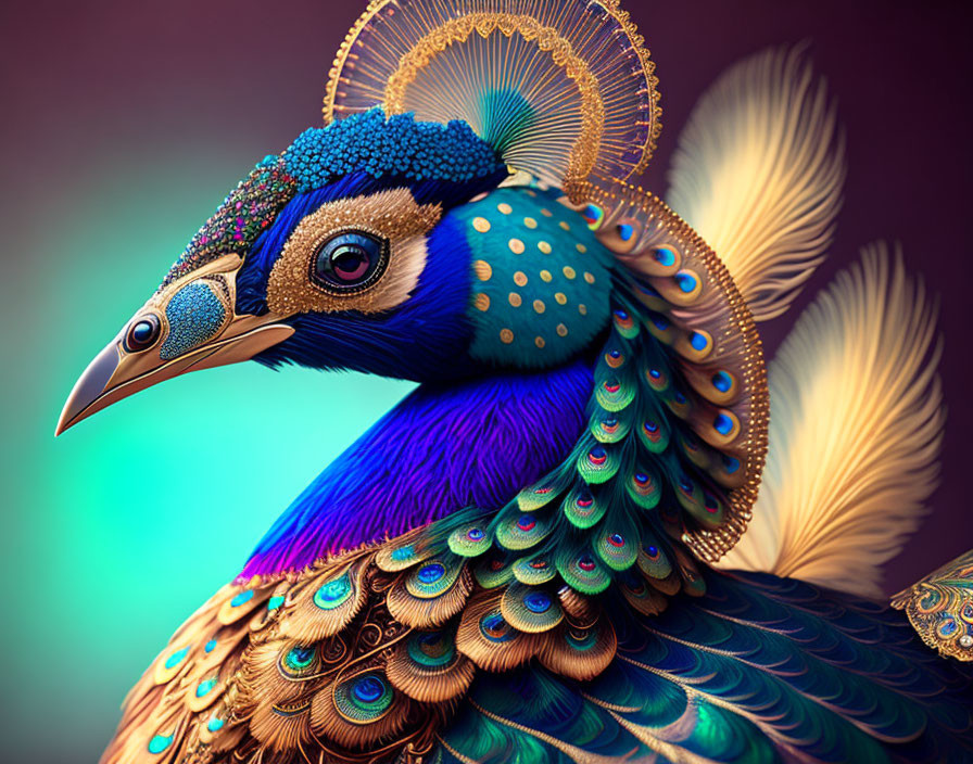 Colorful Peacock Illustration with Detailed Feathers and Crown Crest