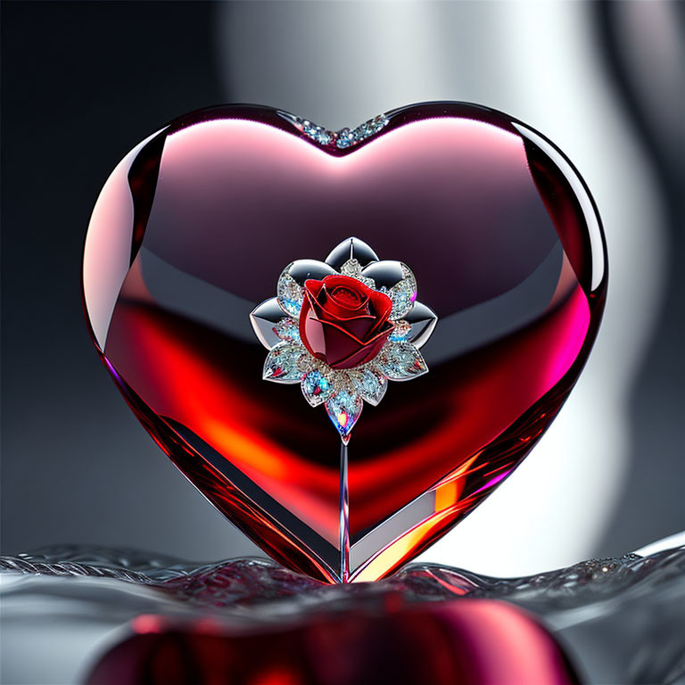 Reflective Red Heart with Diamond Rose Illustration on Glossy Surface