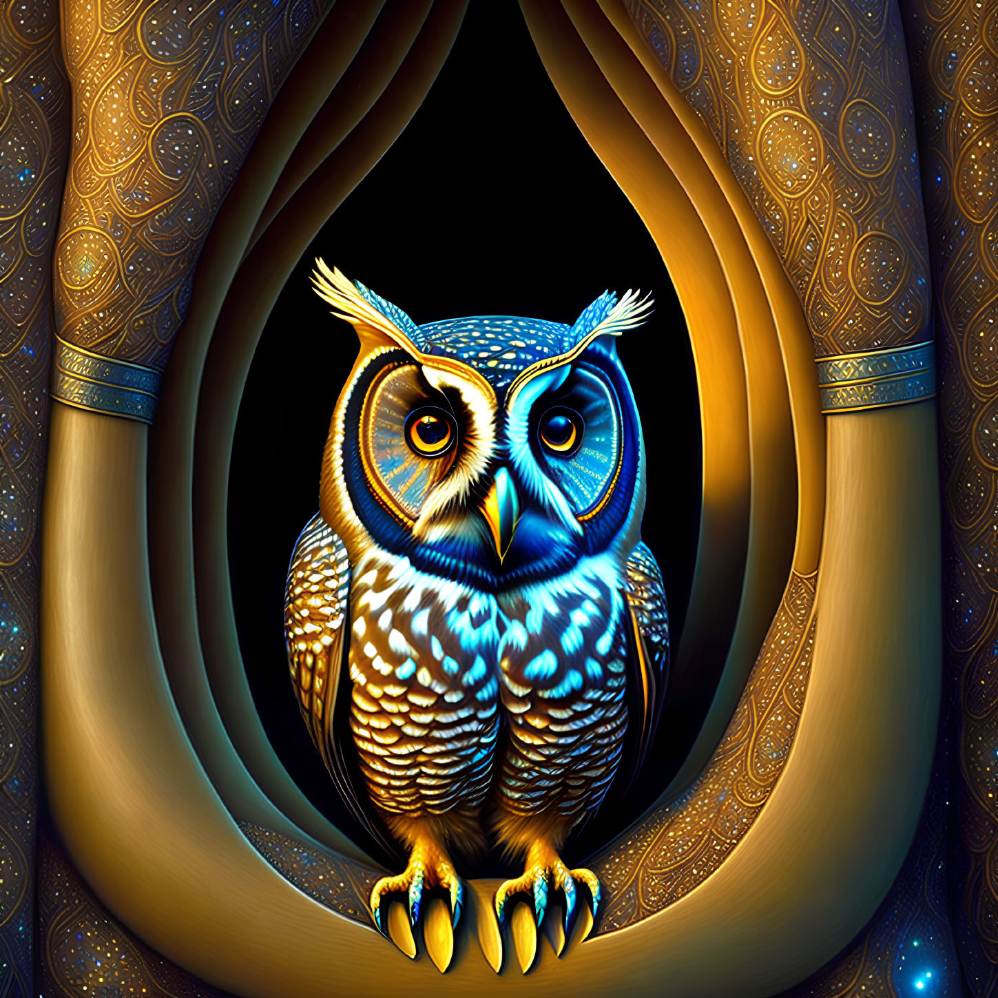 Colorful Stylized Owl Artwork with Glowing Eyes in Ornate Hollow