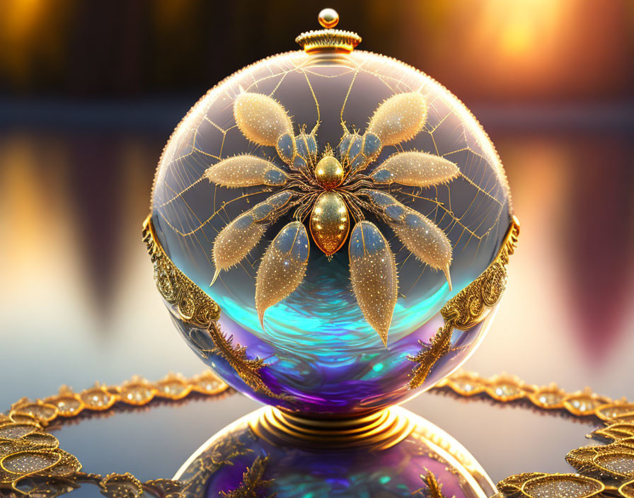 Golden Mechanical Insect Design on Transparent Ornate Orb