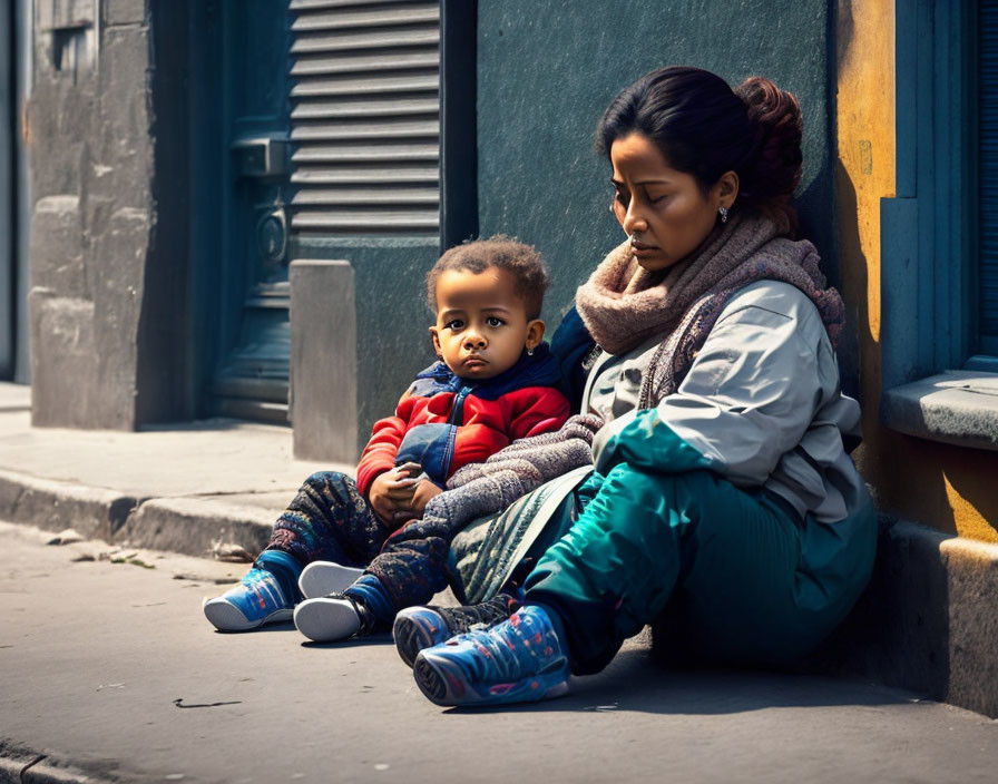 Woman and child in warm clothing sitting on sidewalk.