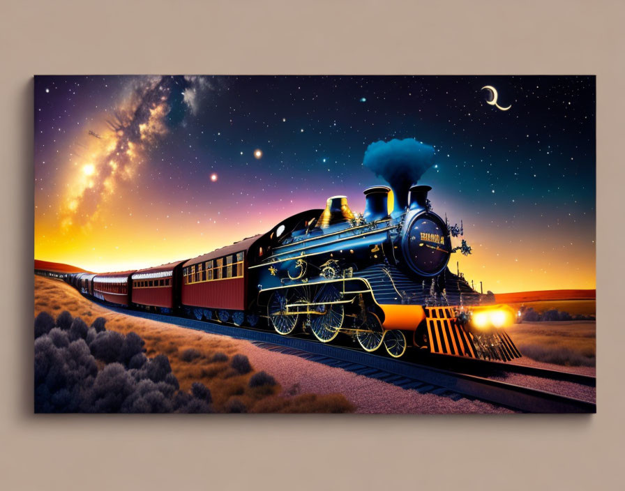 Digital artwork: Vintage train in twilight landscape with starry sky