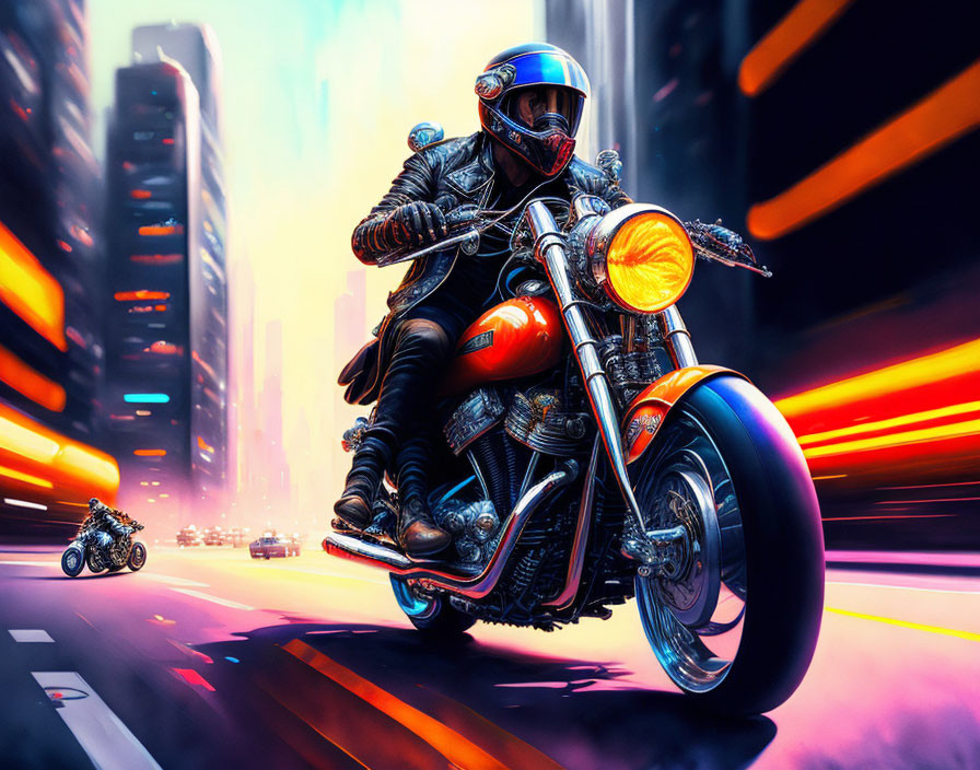 Motorcyclist in leather jacket speeds through neon-lit futuristic city