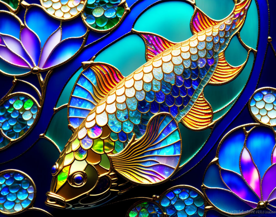 Colorful Stylized Fish Artwork Against Intricate Stained Glass Background