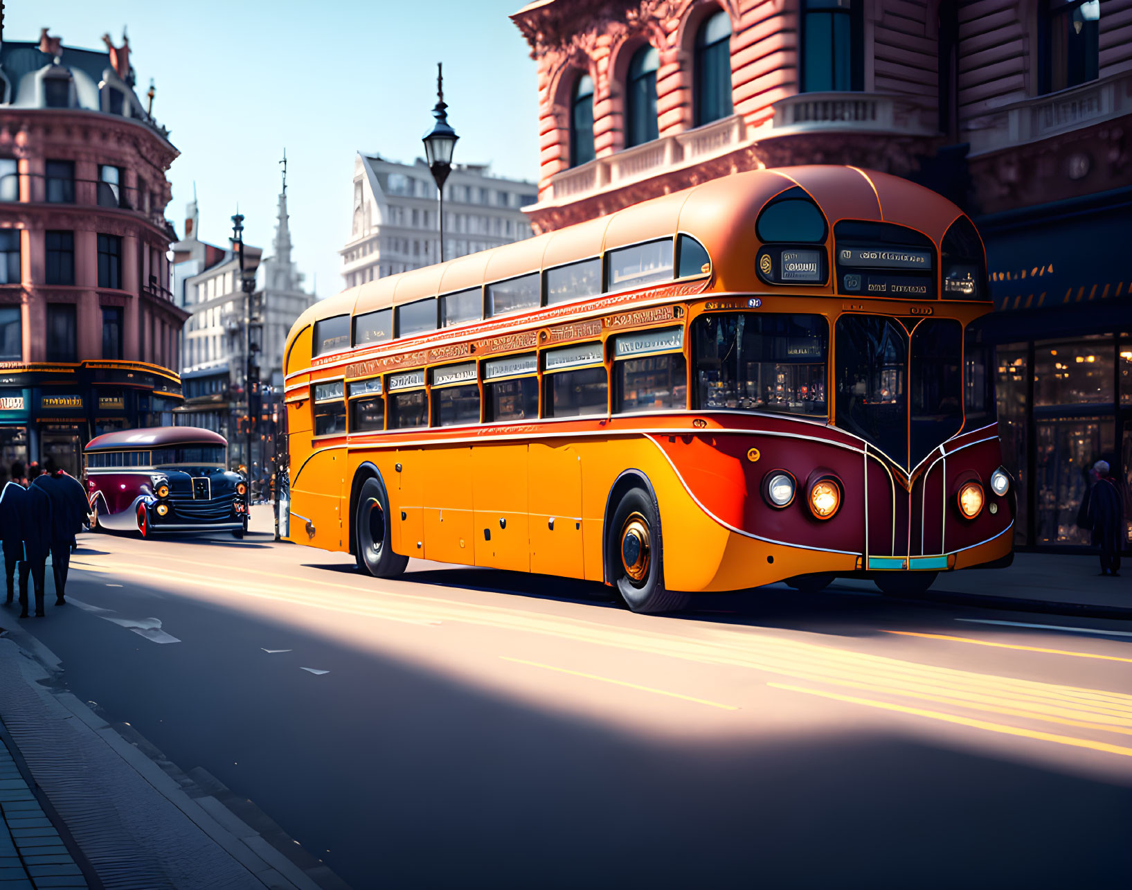 Vintage orange bus on bustling city street with classical architecture.