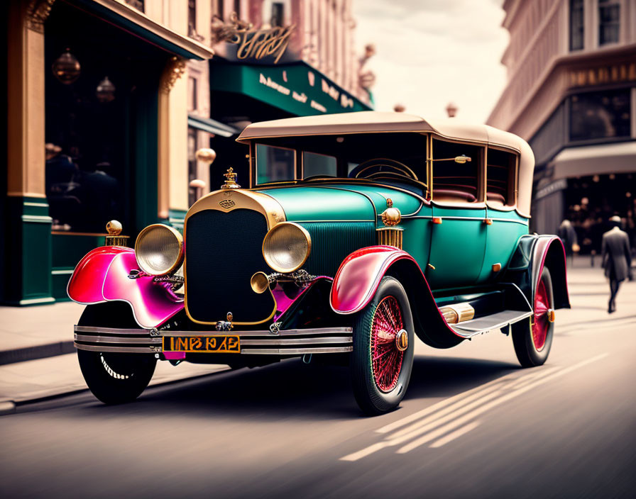 Vintage Car with Red Fenders and Teal Body on Street with Early 20th-Century