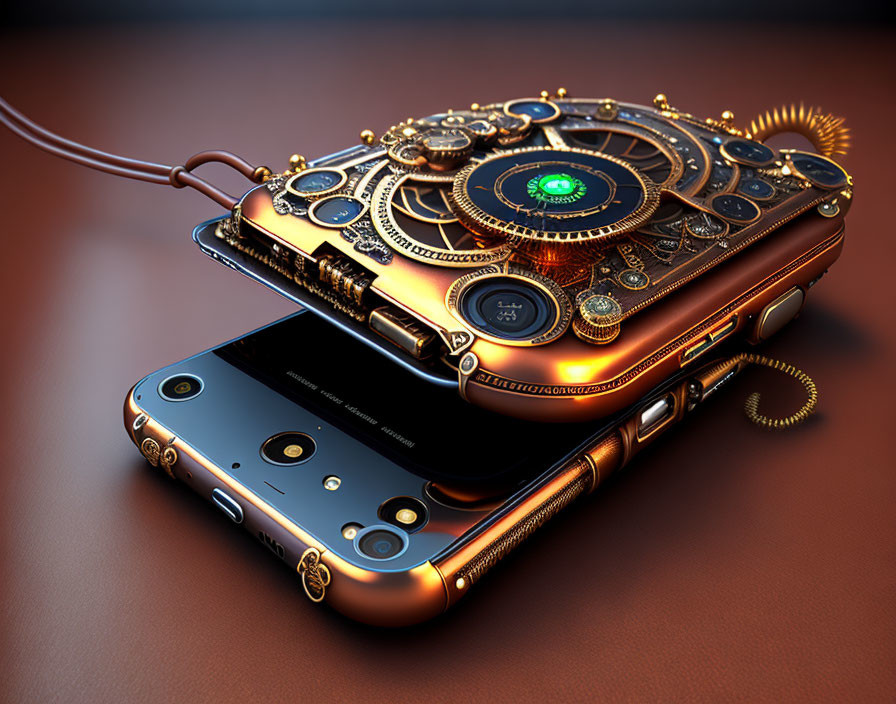 Steampunk-style phone with gears, cogs, and ornate metalwork on reddish-b