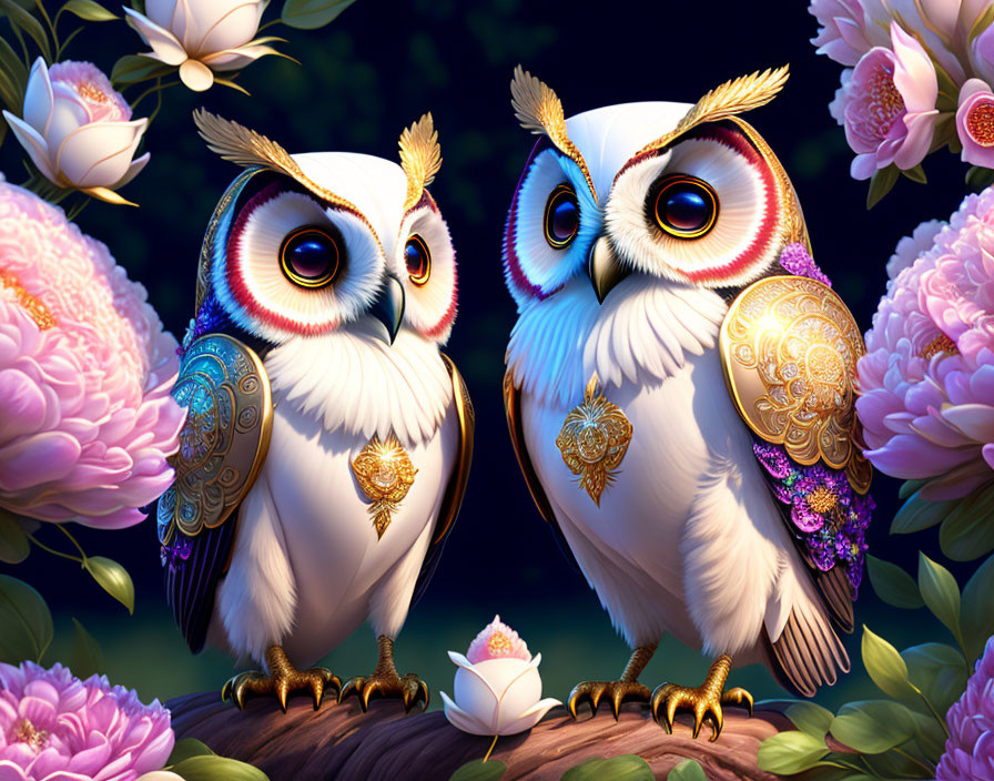 Ornate Decorated Owls Perched on Branch with Flowers and Glowing Light