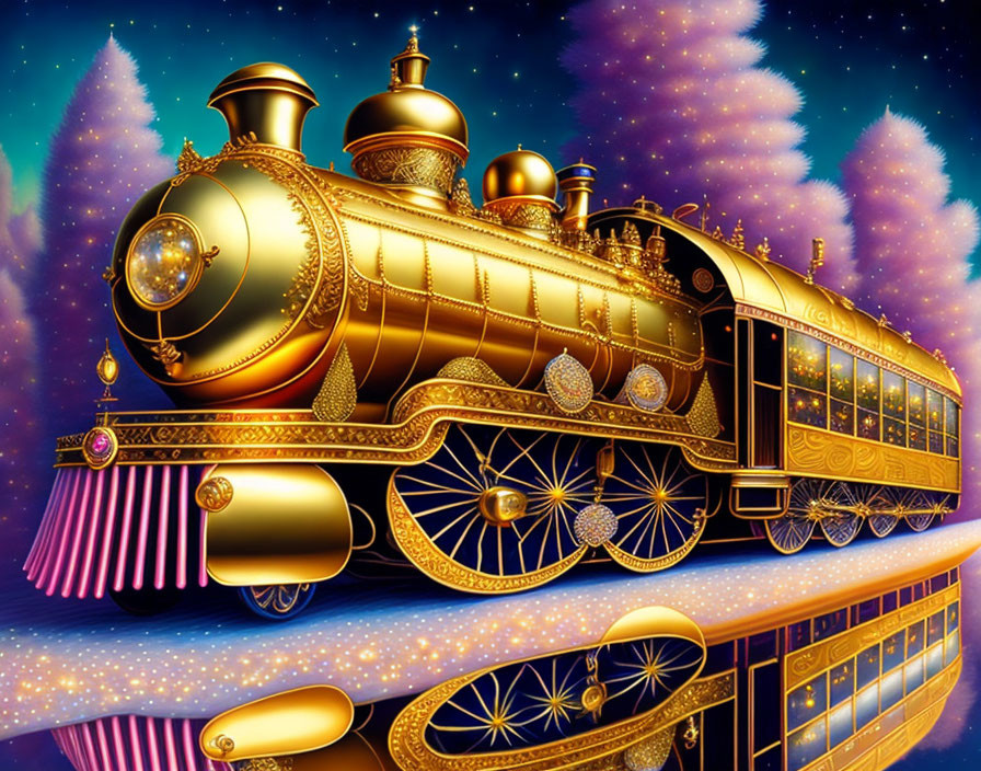 Golden ornate train under starry night sky with purple and blue hues