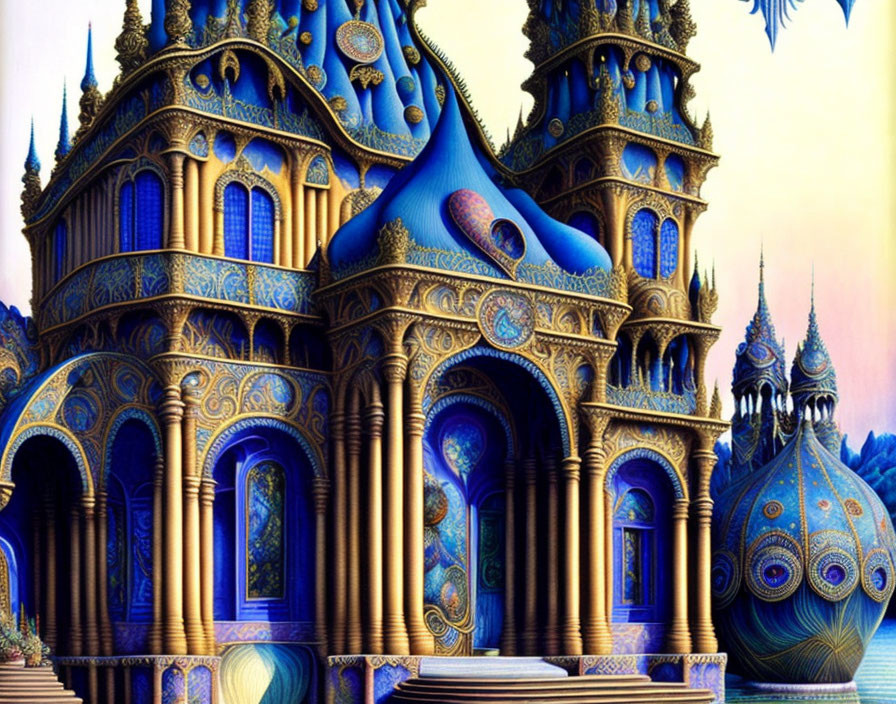 Ornate Blue and Gold Castle Illustration with Intricate Details