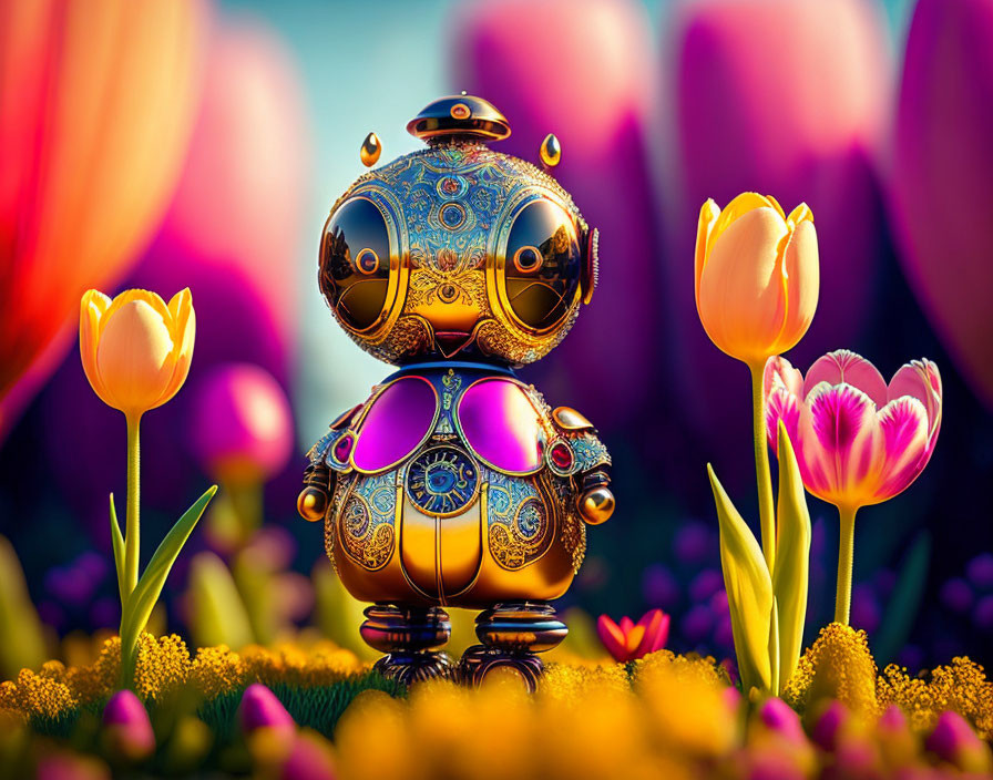 Intricate spherical robot among vibrant tulips in colorful landscape